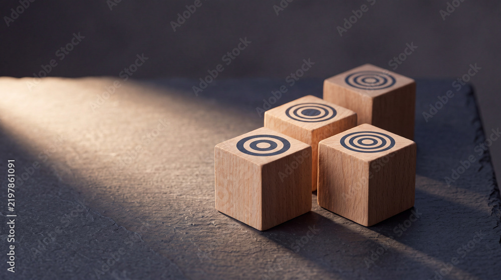 Obraz premium Group of Wooden Blocks with Bullseye Target Symbols Arranged on a Dark Stone Surface Illuminated by a Dramatic Beam of Light, Representing Business Goals, Focus, and Strategic Objectives.
