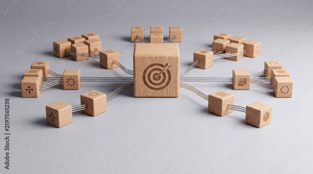 Obraz premium Conceptual representation of wooden blocks connected by metallic wires forming a complex network with a central bullseye target icon symbolizing strategic business goals and system integration.