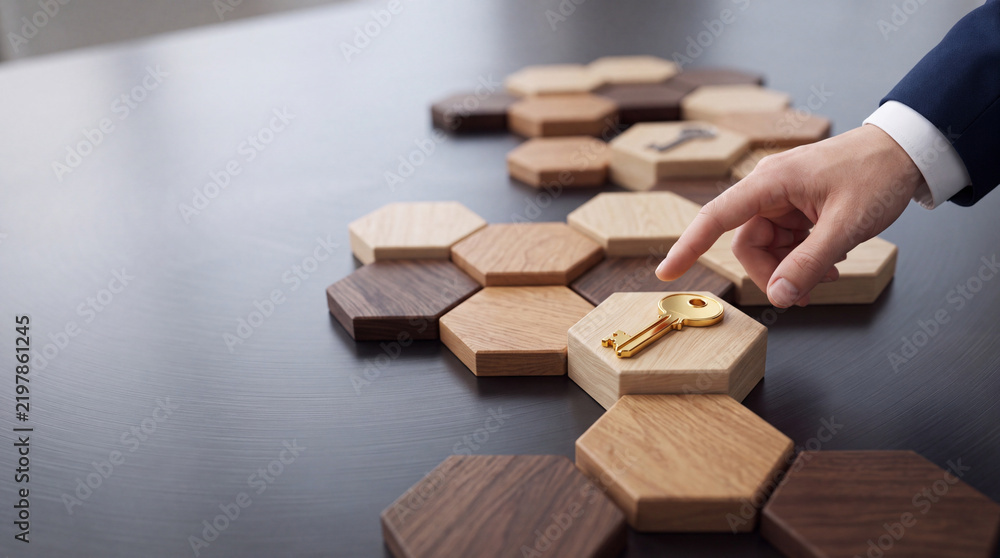 Fototapeta premium A professional businessman's hand pointing at a golden key placed on wooden hexagonal blocks, symbolizing strategic success, finding solutions, unlocking potential, and real estate opportunities.