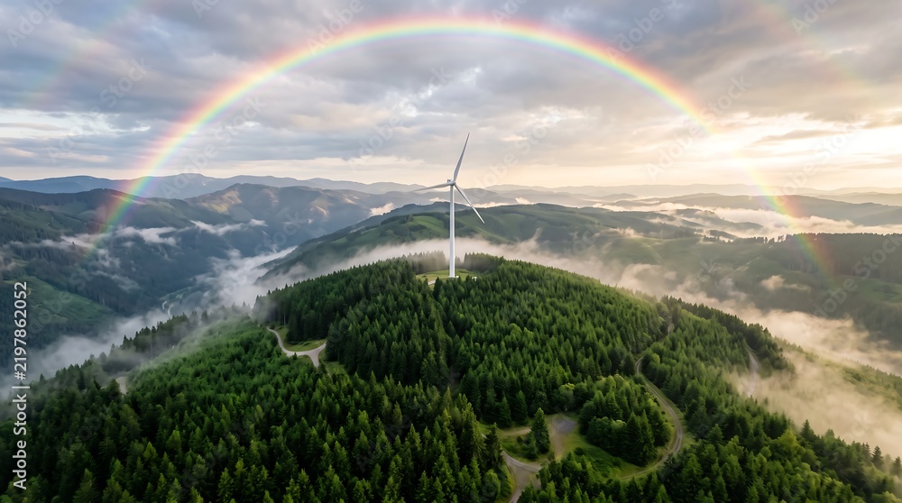 Obraz premium Wind turbine standing on a forested mountain peak under a vibrant rainbow at sunrise