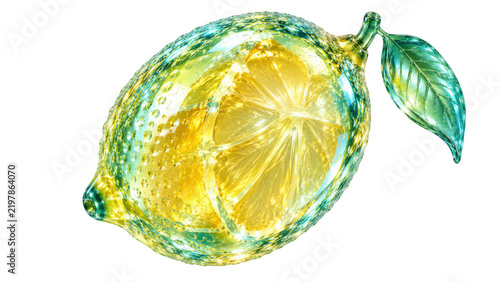 Yellow lemon with leafy stem isolated on white background, Frutiger Aero glossy translucent crystal glass fruit render for citrus packaging and beverage label design