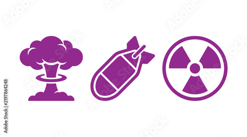 Icons representing nuclear warfare and danger including a mushroom cloud explosion bomb radiation symbol with explosion radiation mushroom military destruction conflict