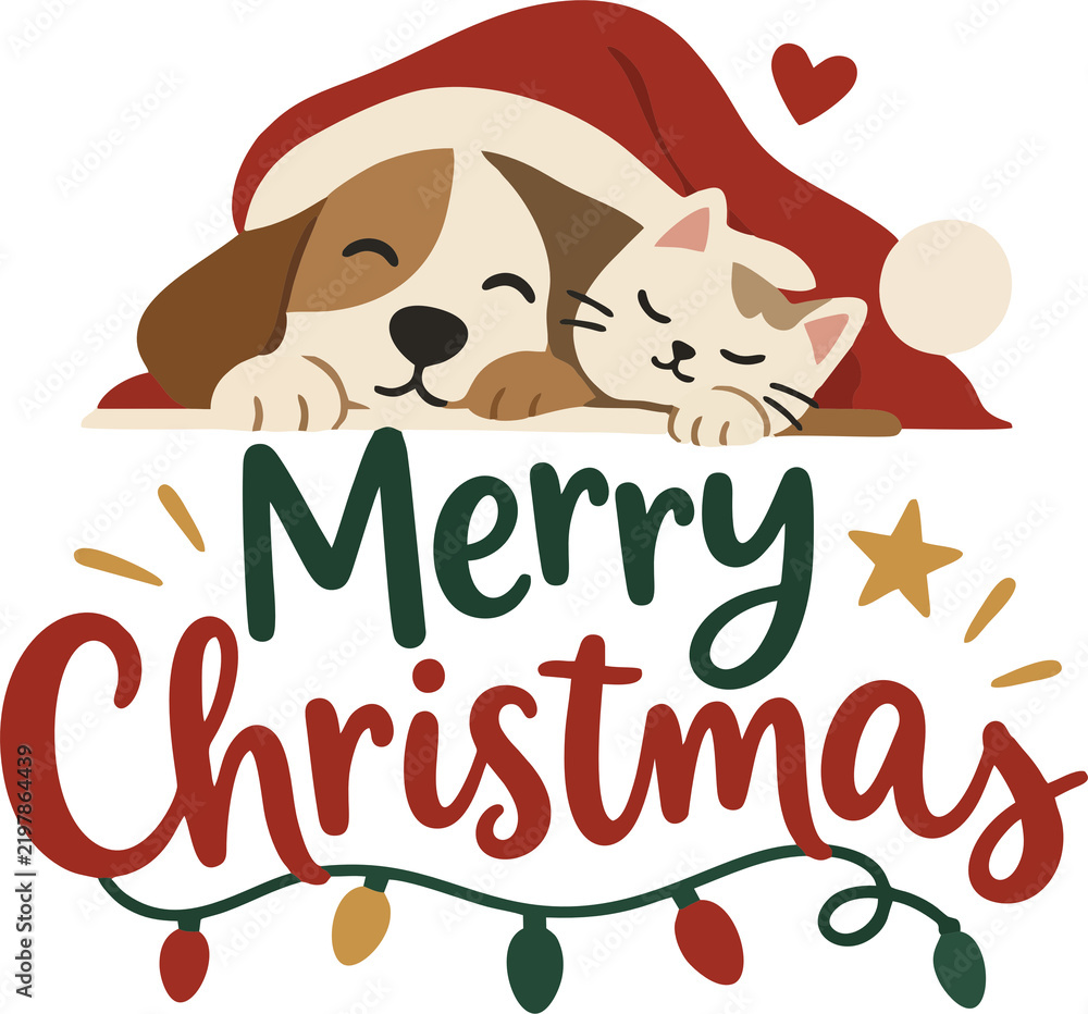 Obraz premium Merry Christmas Lettering with Sleeping Dog and Cat in Santa Hats and Holiday Lights