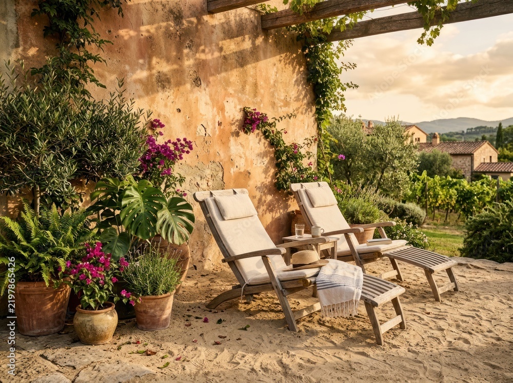 Obraz premium Relaxing Tuscan Patio with Lounge Chairs and Vineyard View.
