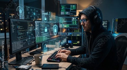Developer, man and programmer code on computer screen with cybersecurity hologram, analytics and seo or working at night. Technology, coding and hacker on dark software, safety and iot password