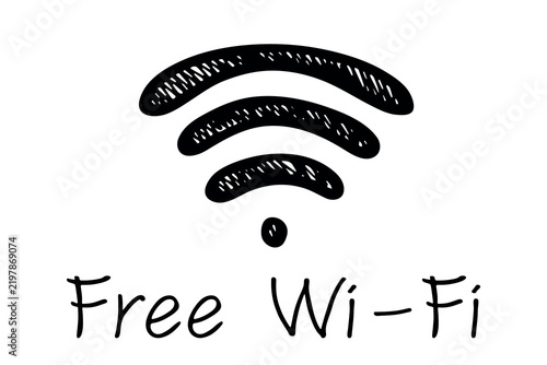 Hand drawn free wifi spot zone sign Public wi-fi area sign Wireless internet clipart in doodle style Single element for print, web, design, decor 3G, 4G, 5G, 6G, IoT