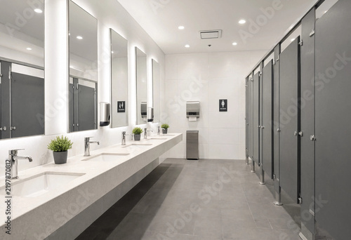 Modern restroom features sleek, minimalist design