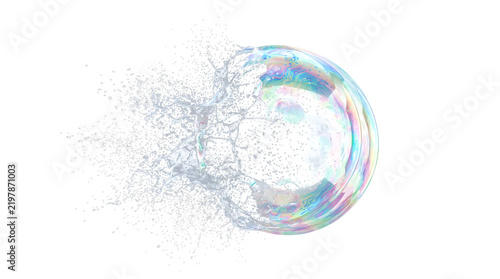 Iridescent soap bubble bursting with a dynamic water splash useful for creative design projects available in PNG, Transparent and Black Background Versions online