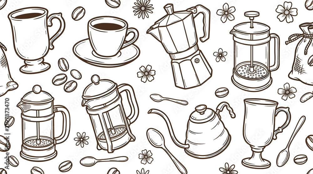 Obraz premium Vintage Hand Drawn Coffee Elements Seamless Pattern Illustration Featuring Moka Pots French Presses Mugs Kettles Coffee Beans and Flowers for Cafe Wallpaper Wrapping Paper and Fabric Design