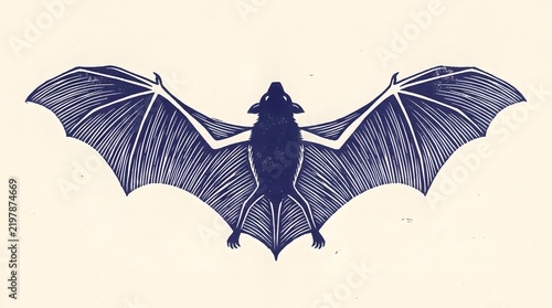Bat silhouette flying with wings spread dark blue woodcut style for spooky halloween art prints.