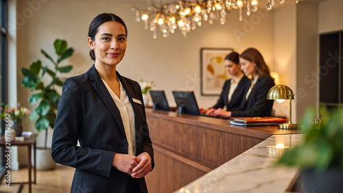Professional hotel receptionist standing at a front desk in a modern hospitality interior