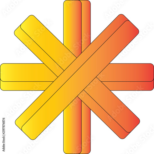 Interlocking geometric cross asterisk symbol flat vector line art illustration isolated on white background