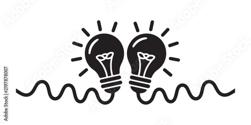 Картината върху платно Two intertwined black light bulb icons with radiating lines, symbolizing shared ideas and collaborative innovation