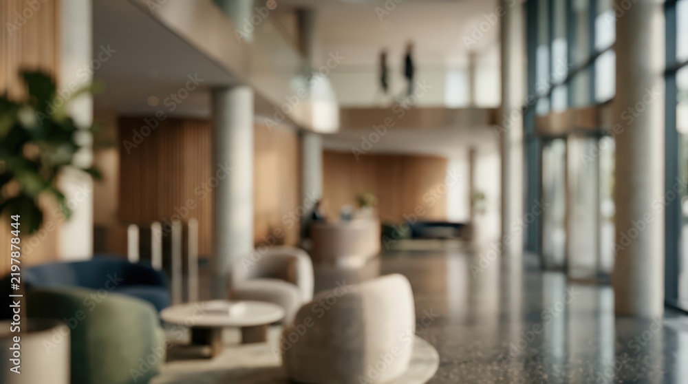 Obraz premium Softly blurred hotel lobby interior featuring contemporary lounge seating and a spacious atrium. People walk on the upper mezzanine level while sunlight filters through large windows.