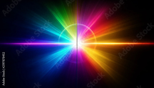 Abstract rainbow light burst with vertical divide on black background