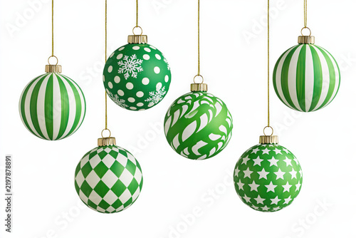 A collection of festive green Christmas ornaments, each adorned with a unique white pattern, hang delicately, bringing a touch of holiday cheer.