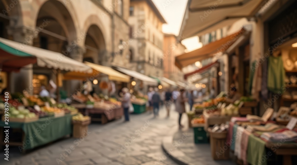 Fototapeta premium Outdoor market stalls line a historic European street with stone pavement. People walk between vendor tables under awnings in a soft focus scene capturing a local community atmosphere.