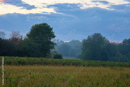 Quadro su tela A picturesque rural landscape unfolds during sunset over green fields and dense trees