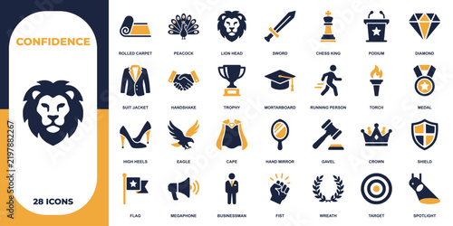 Confidence and success concept icon set. Containing lion, trophy, handshake, crown, shield, medal, gavel, businessman, and target. Vector solid icons collection.