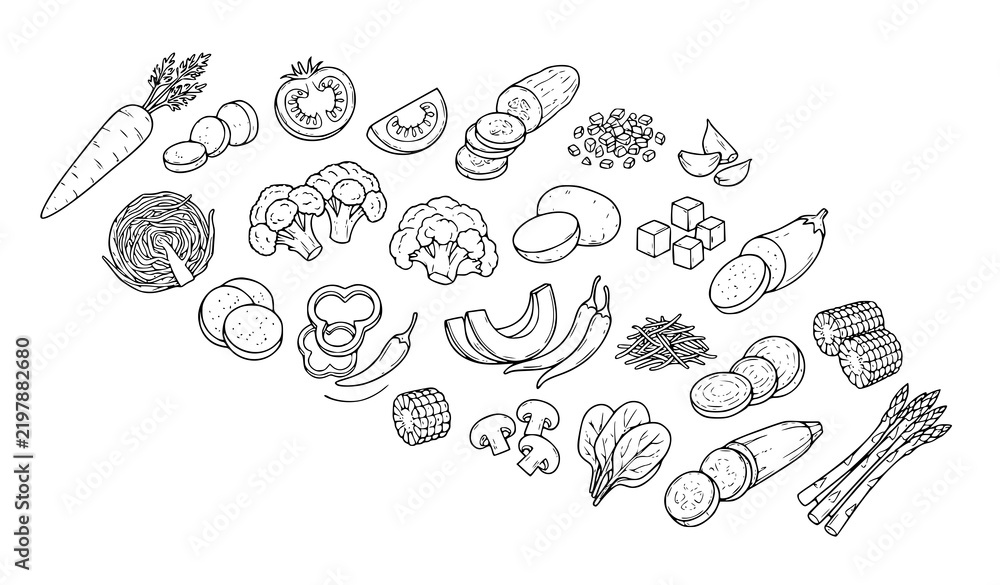 Obraz premium Vegetable Preparation Sliced Chopped Grated and Fresh Food Line Art Vector Set