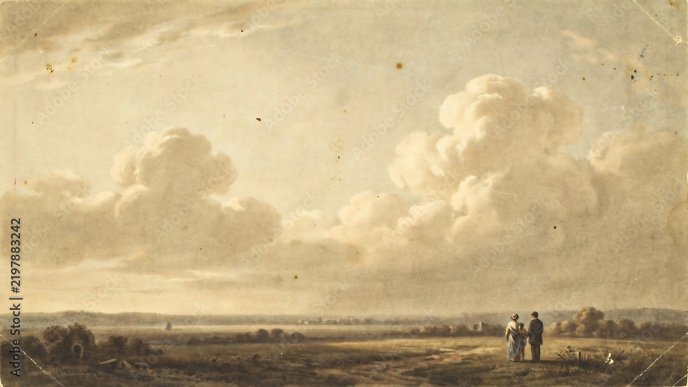 Obraz premium Vintage pastoral landscape with dramatic clouds and figures in an open countryside