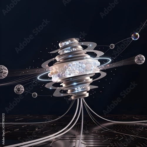 Abstract glowing digital sphere with floating particles