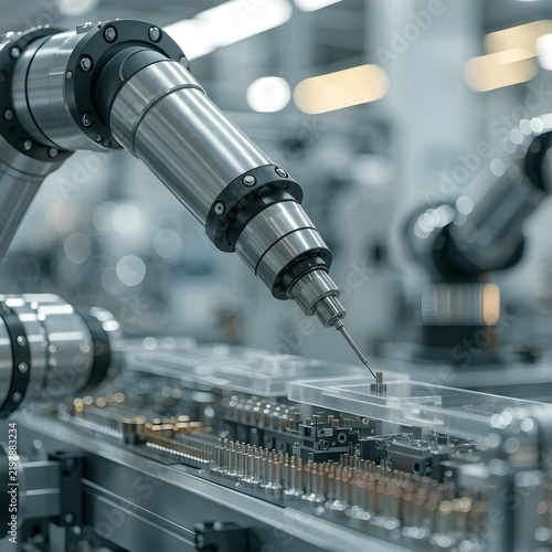 Industrial robotic arm drilling metal part in factory