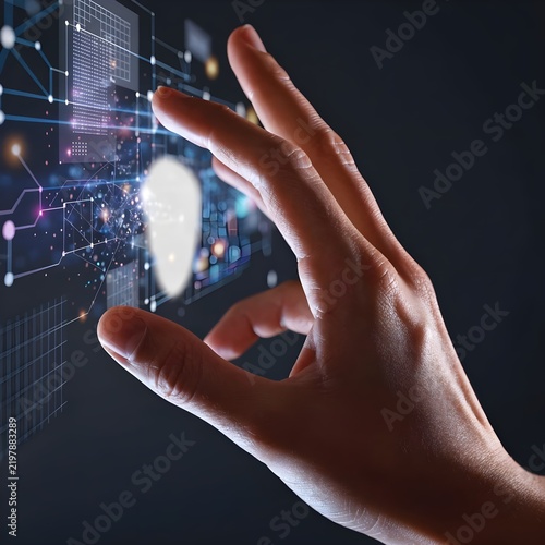 Human hand touching digital light bulb icon