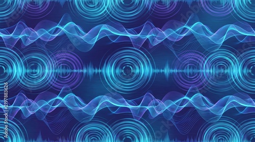 Tapety artystyczne Seamless Waveform Ribbon Pattern with Oscillating Audio Lines 