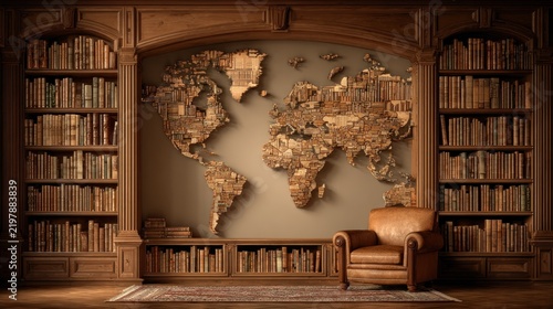 Ornate wooden library with world map