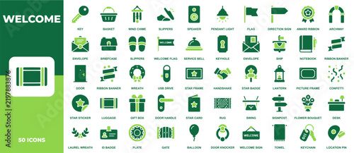 Welcome and hospitality icon set. Containing key, basket, slippers, speaker, flag, award ribbon, envelope, briefcase, service bell, and wreath. Vector solid icons collection.