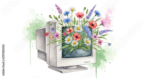 Vintage computer monitor filled with colorful flowers