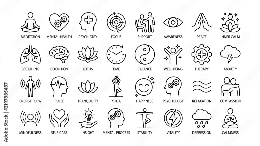 Obraz premium Minimalist icons representing various mental health and wellness concepts with transparent background