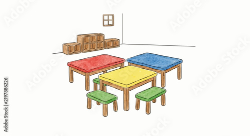 Simple hand drawn kindergarten classroom furniture illustration, cute children book style watercolor tables and benches isolated on white background