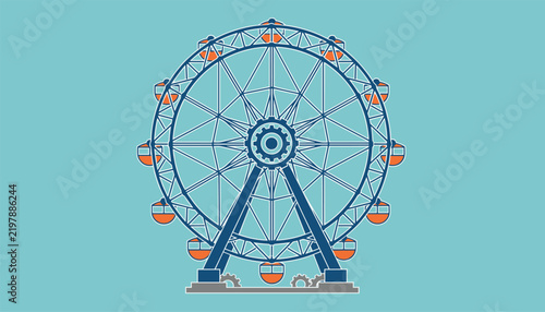 Detailed vector illustration of a vintage ferris wheel with orange passenger cabins on a solid light blue background.