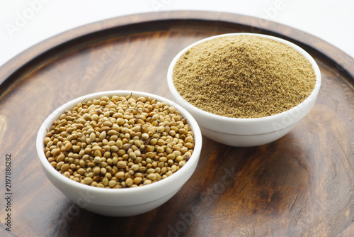 Photography Indian spice called Khada Dhaniya and Dhaniya Powder or Coriander and Coriander