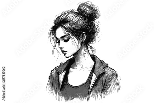 Sketch of a sad girl with a messy bun and downcast eyes – design for t-shirt prints, character concept art, and emotional blog illustrations. JPEG version.