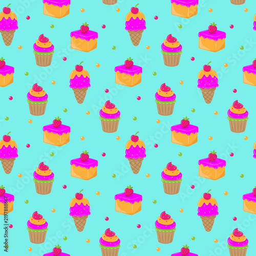 Cute sweet dessert seamless pattern with cupcake, ice cream cone, and cake for birthday party, kids backdrop, nursery wallpaper, wrapping paper, and bakery background vector illustration.