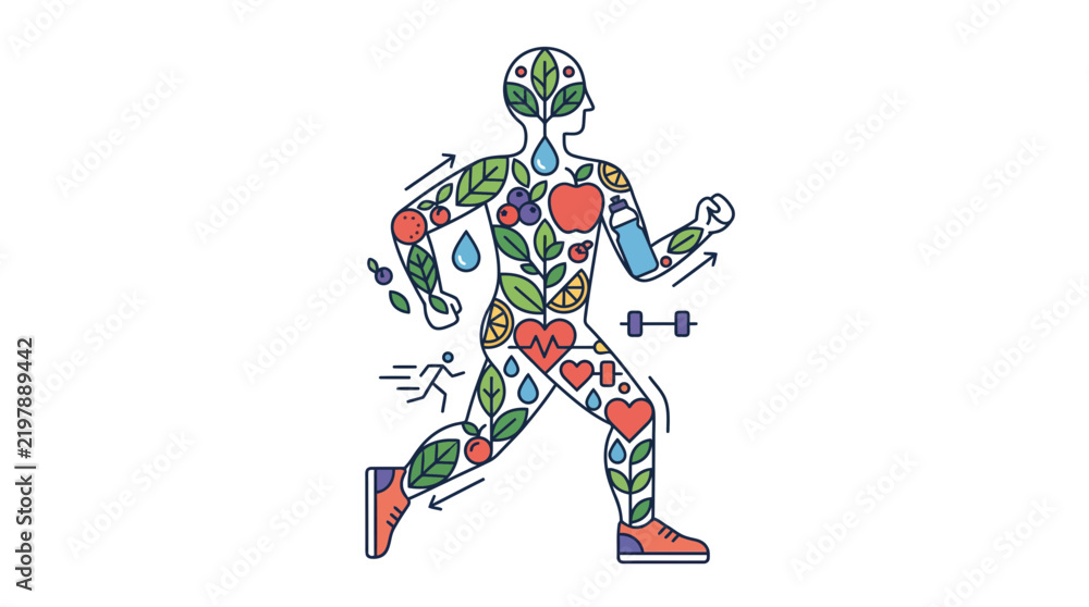 Fototapeta premium Healthy Lifestyle Human Figure Composed of Fruits, Vegetables, Water and Fitness Icons, Isolated