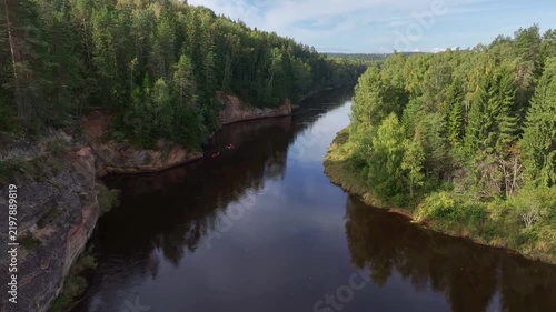Aerial View of Ērgļu Cliffs and Gauja River Surrounded by Forest in Latvia