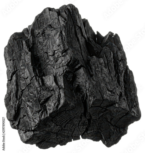 Natural black wood charcoal lump isolated over transparent background