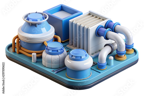 Isometric industrial facility featuring blue storage tanks and connected plumbing pipes with soft lighting rendered in high quality on transparent background