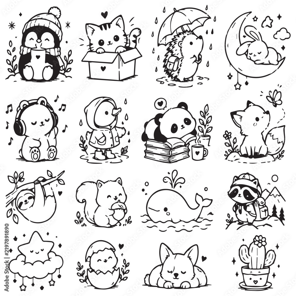 Obraz premium Collection of hand-drawn cartoon animals for coloring pages and design.