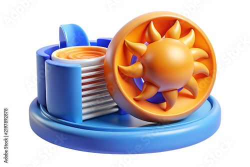 Abstract 3d composition featuring vibrant blue geometric machinery components and glossy orange curved shapes displayed with studio lighting on transparent background