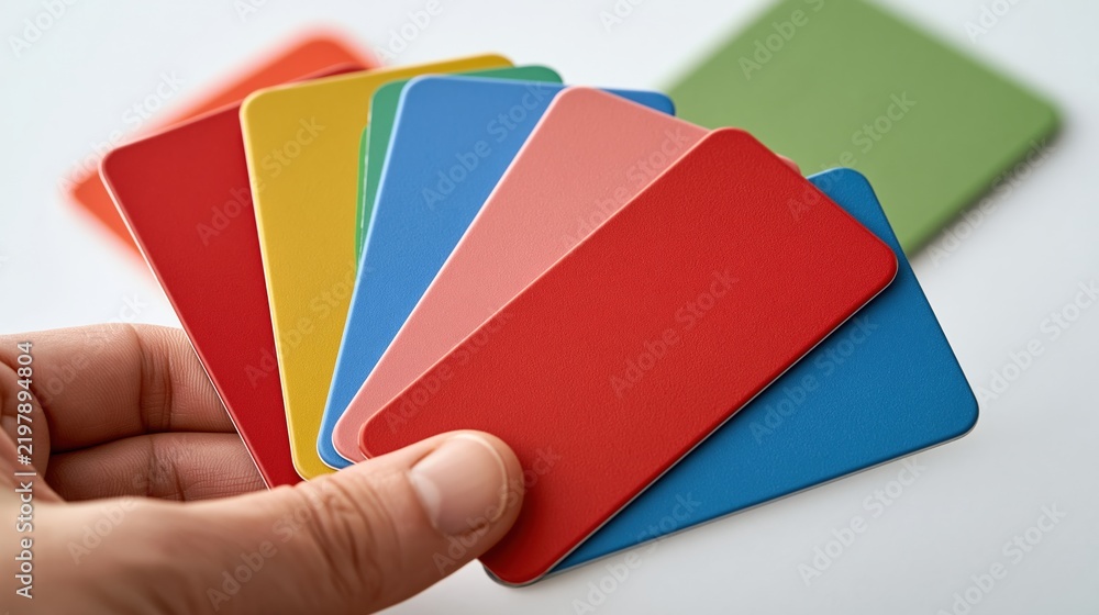 Naklejka premium Hand holding fanned colorful paint sample cards