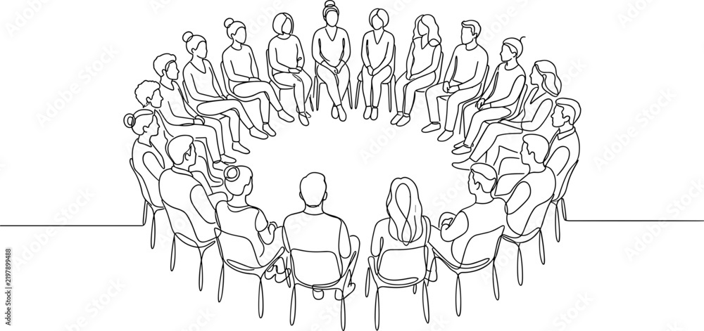 Fototapeta premium Line drawing of a large group of people sitting together in a circle sharing experiences.