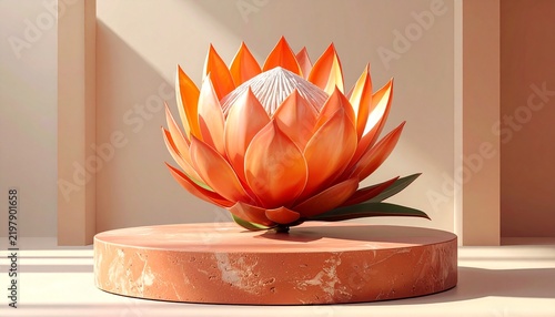 Exotic orange protea flower resting on a textured stone pedestal in a minimalist studio setting