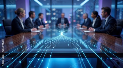 Business team in professional boardroom meeting with glowing digital fiber optic network lines emerging from conference table representing connectivity and corporate collaboration