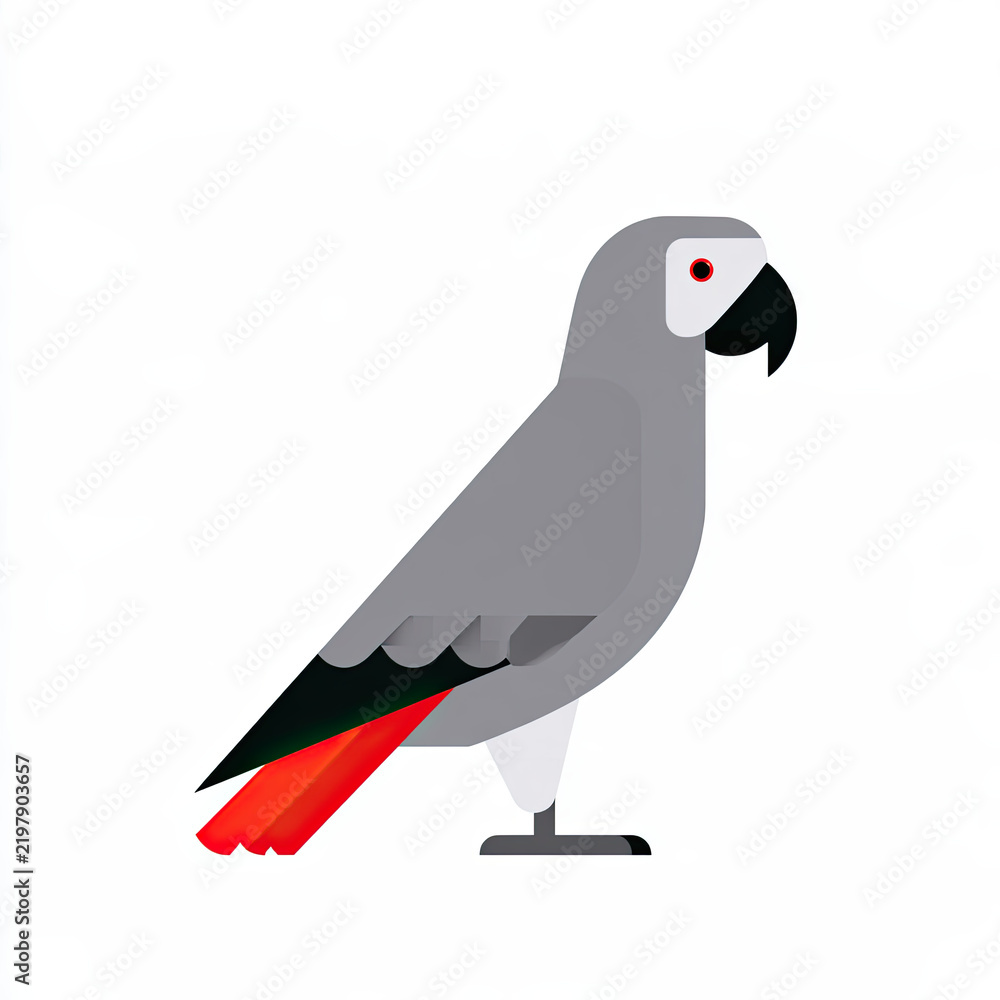 Fototapeta premium transparent african grey parrot with red tail on flat background