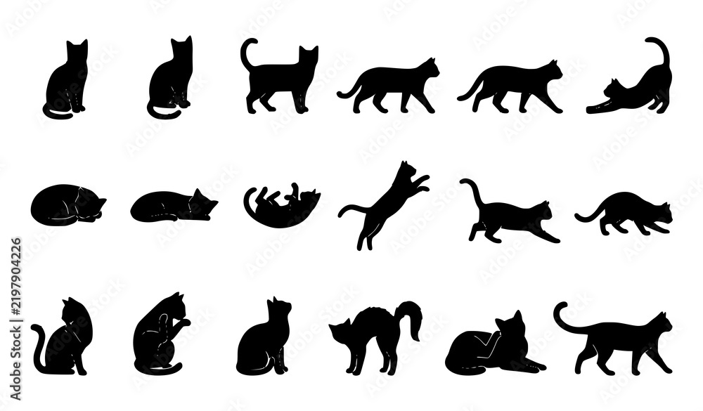 Obraz premium Black Cat Silhouette Vector Set with Sitting Walking Sleeping and Playful Feline Poses